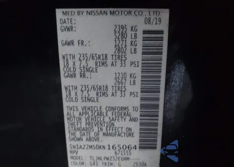 2019 Nissan Murano S z USA, uszkodzony, nr VIN 5N1AZ2MS0KN165064